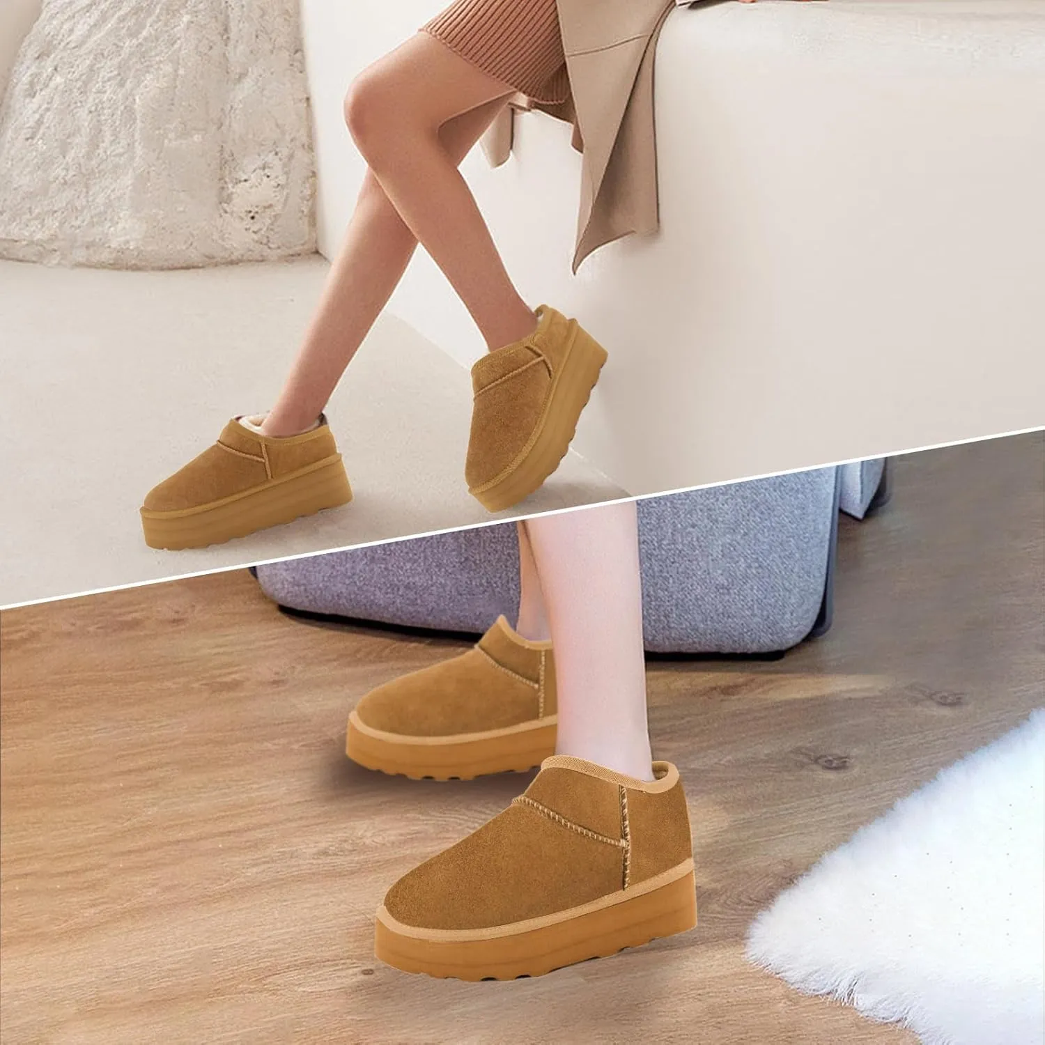 Platform Boots for Women Ultra Mini Ankle Boots Huggy Cozy Slippers with Fur Interior Womens Suede Winter Boots
