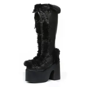 Platform Knee High Boots For Womens Warm Faux Fur Lace Up Side Zipper Chunky Heel Punk Goth Winter Snow Mid Calf Boots