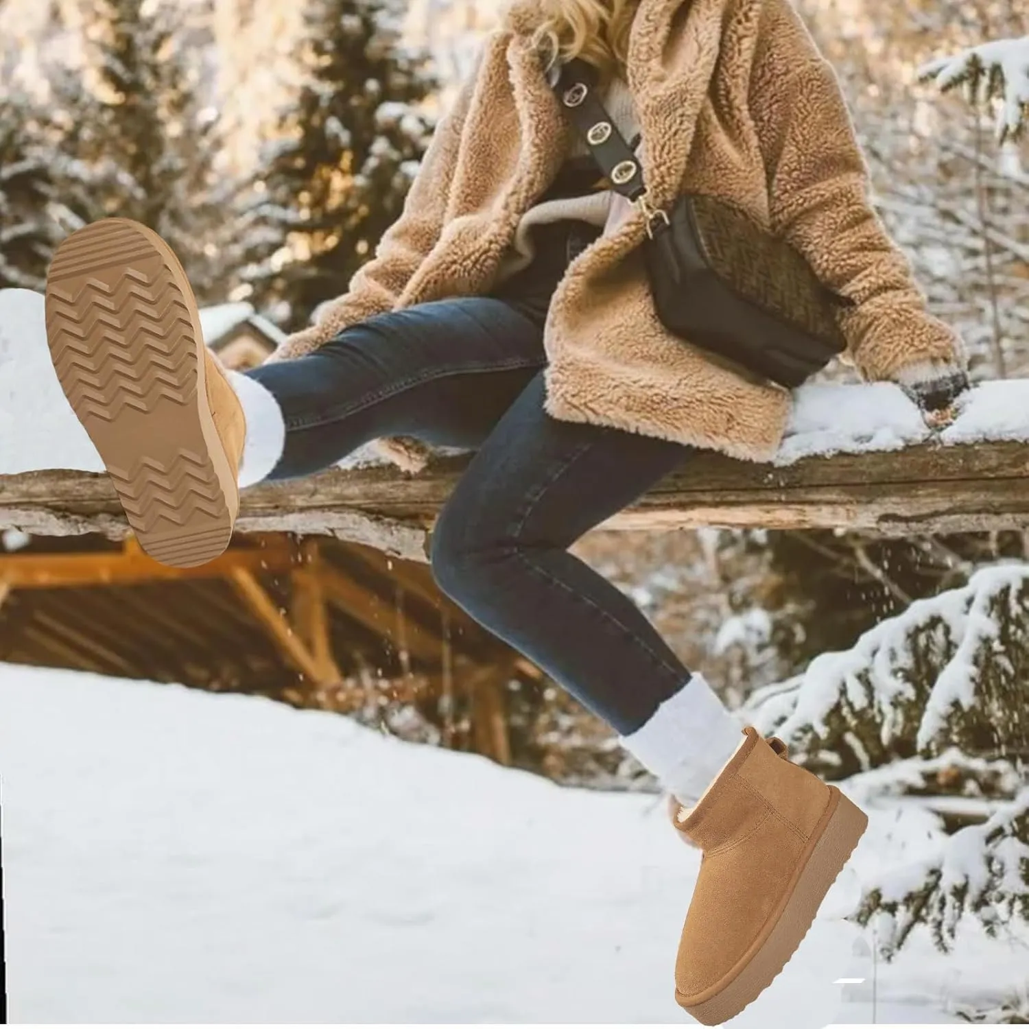 Platform Mini Boots for Women Genuine Suede Leather Anti-Slip Mini Platform Boots Lightweight Warm Snow Boots