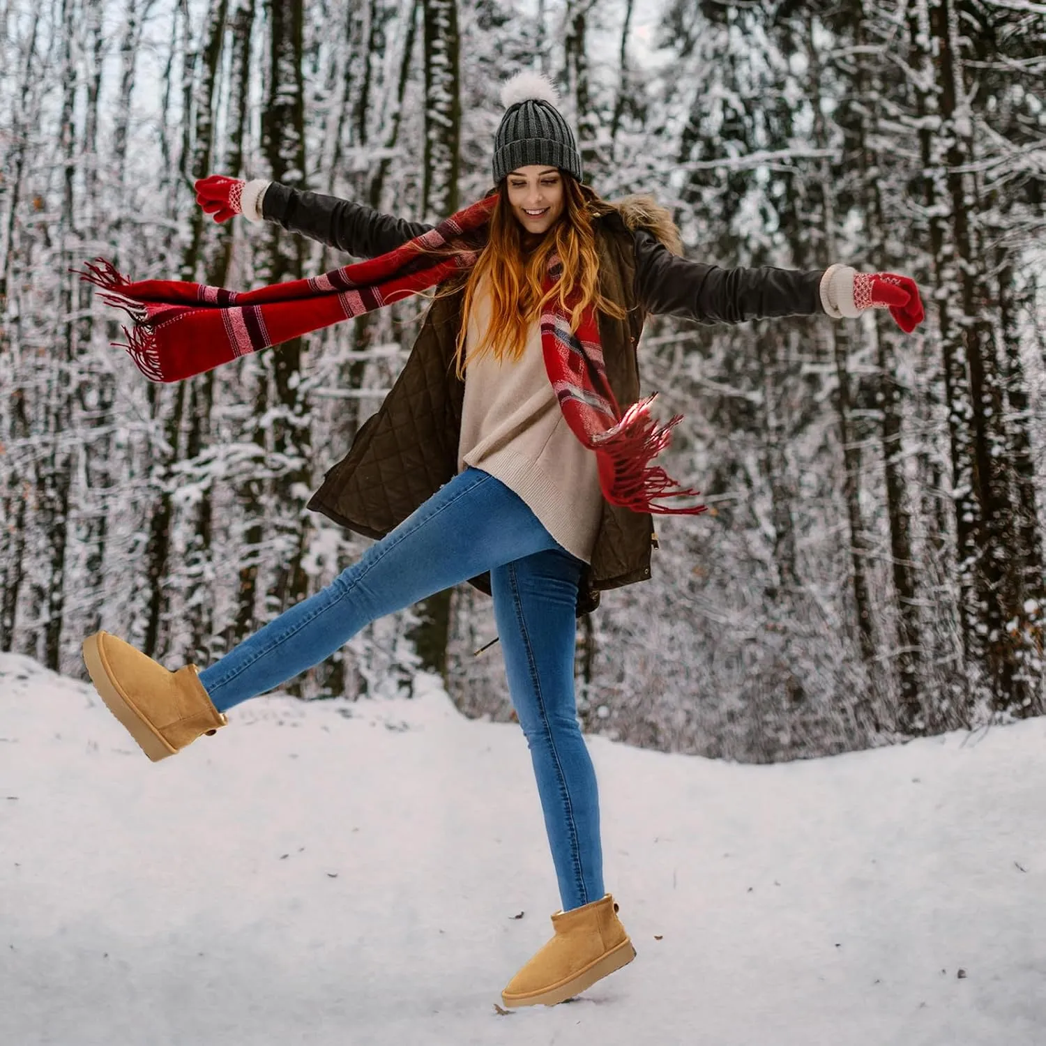 Platform Mini Boots for Women Genuine Suede Leather Anti-Slip Mini Platform Boots Lightweight Warm Snow Boots