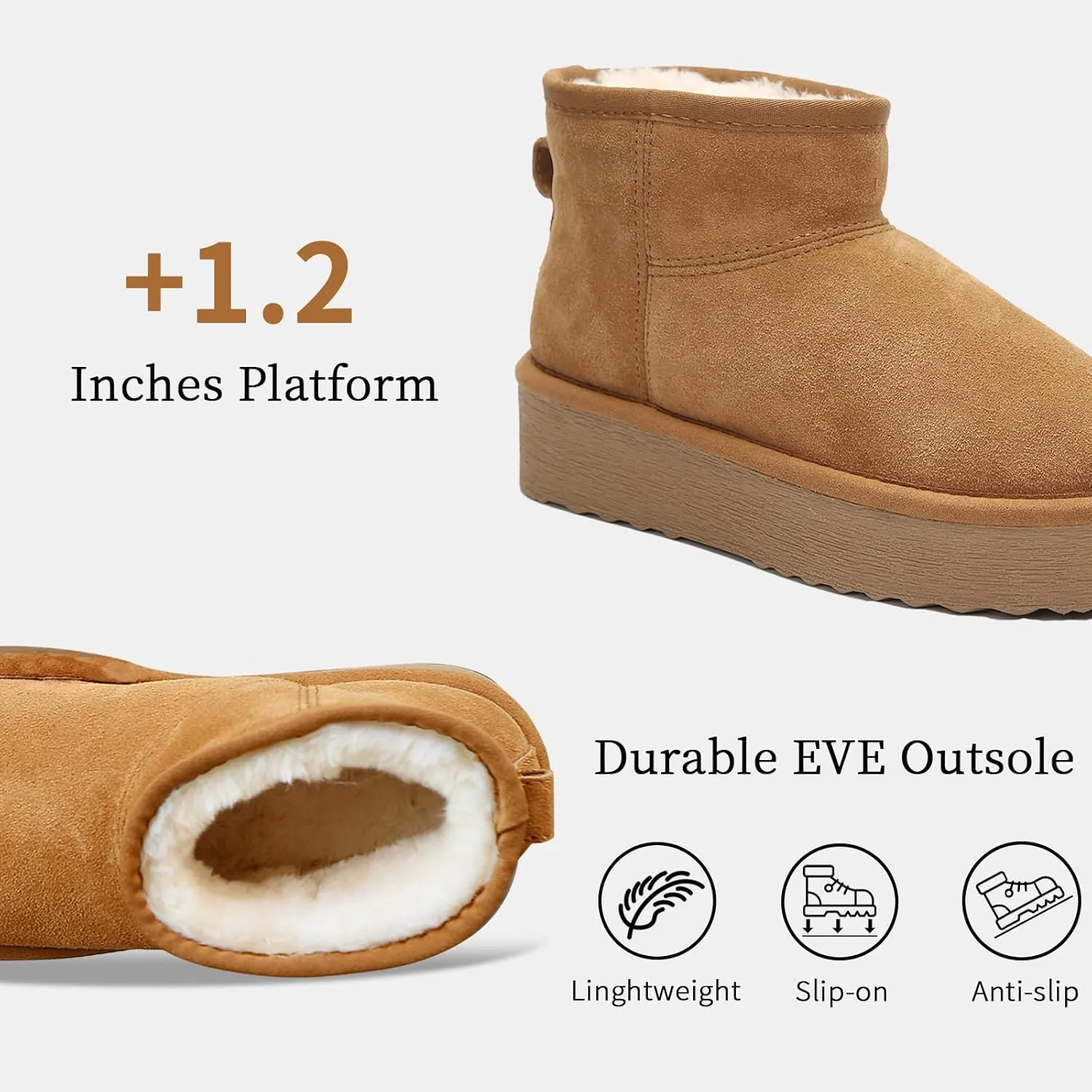 Platform Mini Boots for Women Genuine Suede Leather Anti-Slip Mini Platform Boots Lightweight Warm Snow Boots