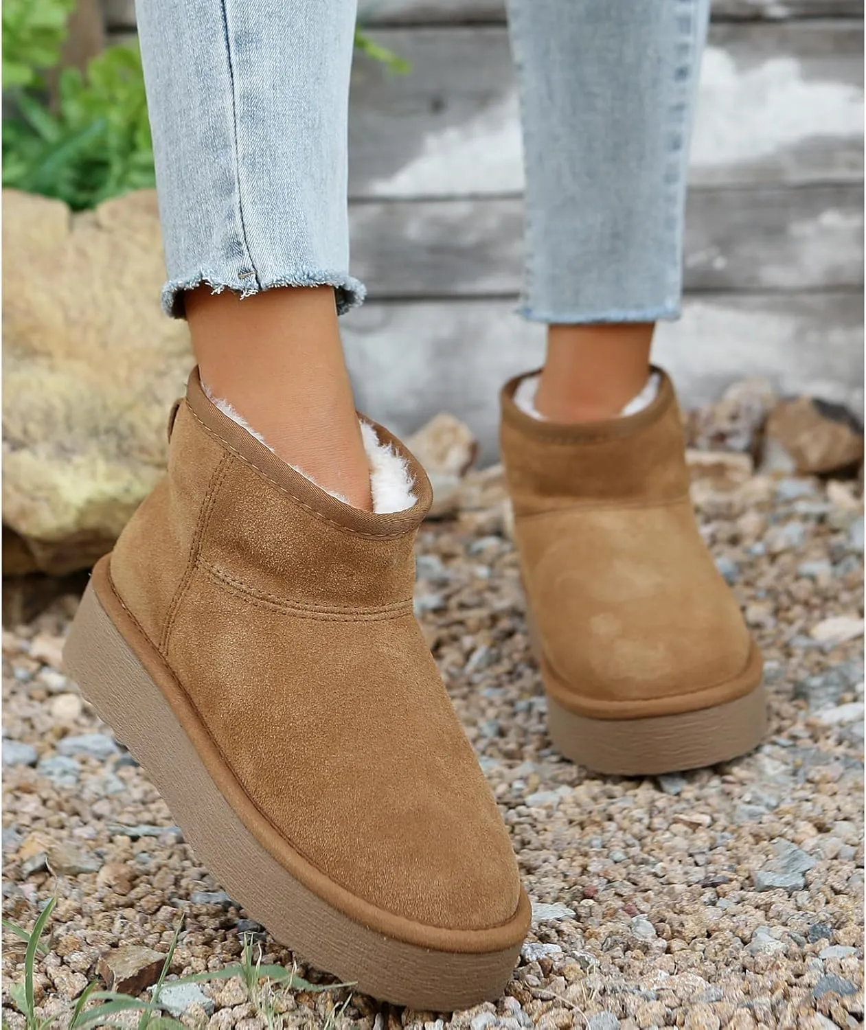 Platform Mini Boots for Women Genuine Suede Leather Anti-Slip Mini Platform Boots Lightweight Warm Snow Boots