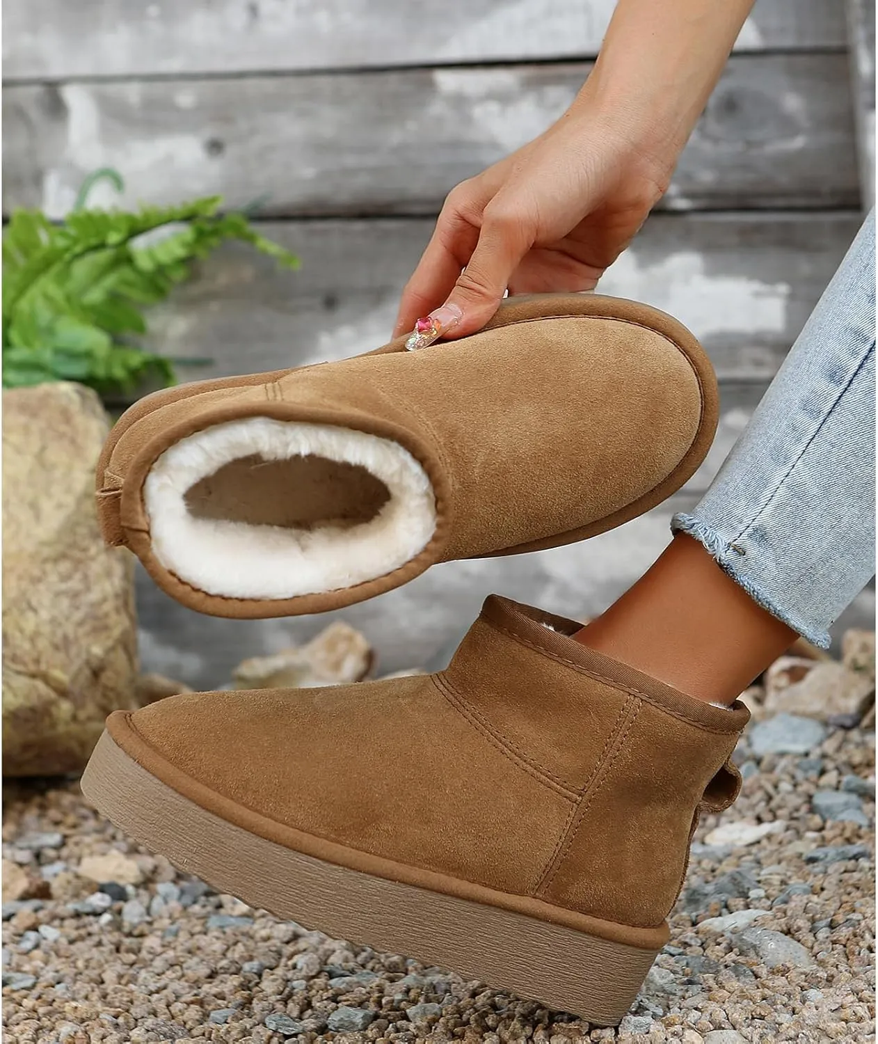 Platform Mini Boots for Women Genuine Suede Leather Anti-Slip Mini Platform Boots Lightweight Warm Snow Boots