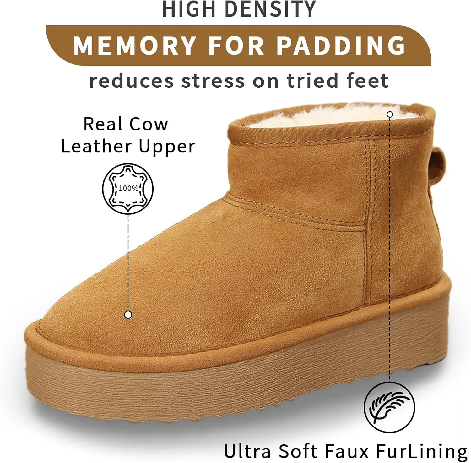Platform Mini Boots for Women Genuine Suede Leather Anti-Slip Mini Platform Boots Lightweight Warm Snow Boots
