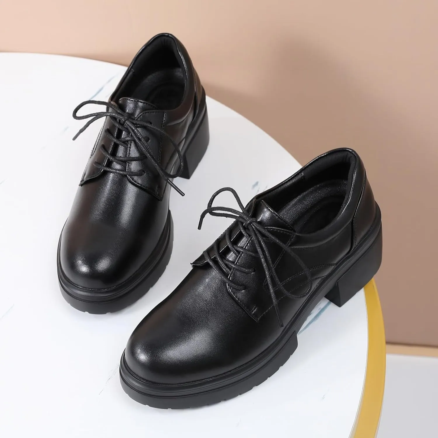 Platform Oxfords for Women Chunky Oxford Heels Women's Pumps Lace Up Shoes Office Work Ladies Casual Business Dress Shoes