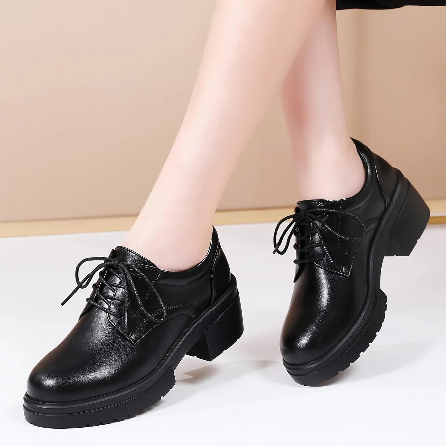 Platform Oxfords for Women Chunky Oxford Heels Women's Pumps Lace Up Shoes Office Work Ladies Casual Business Dress Shoes