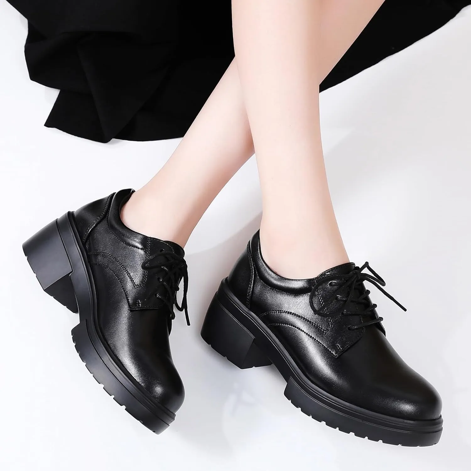 Platform Oxfords for Women Chunky Oxford Heels Women's Pumps Lace Up Shoes Office Work Ladies Casual Business Dress Shoes