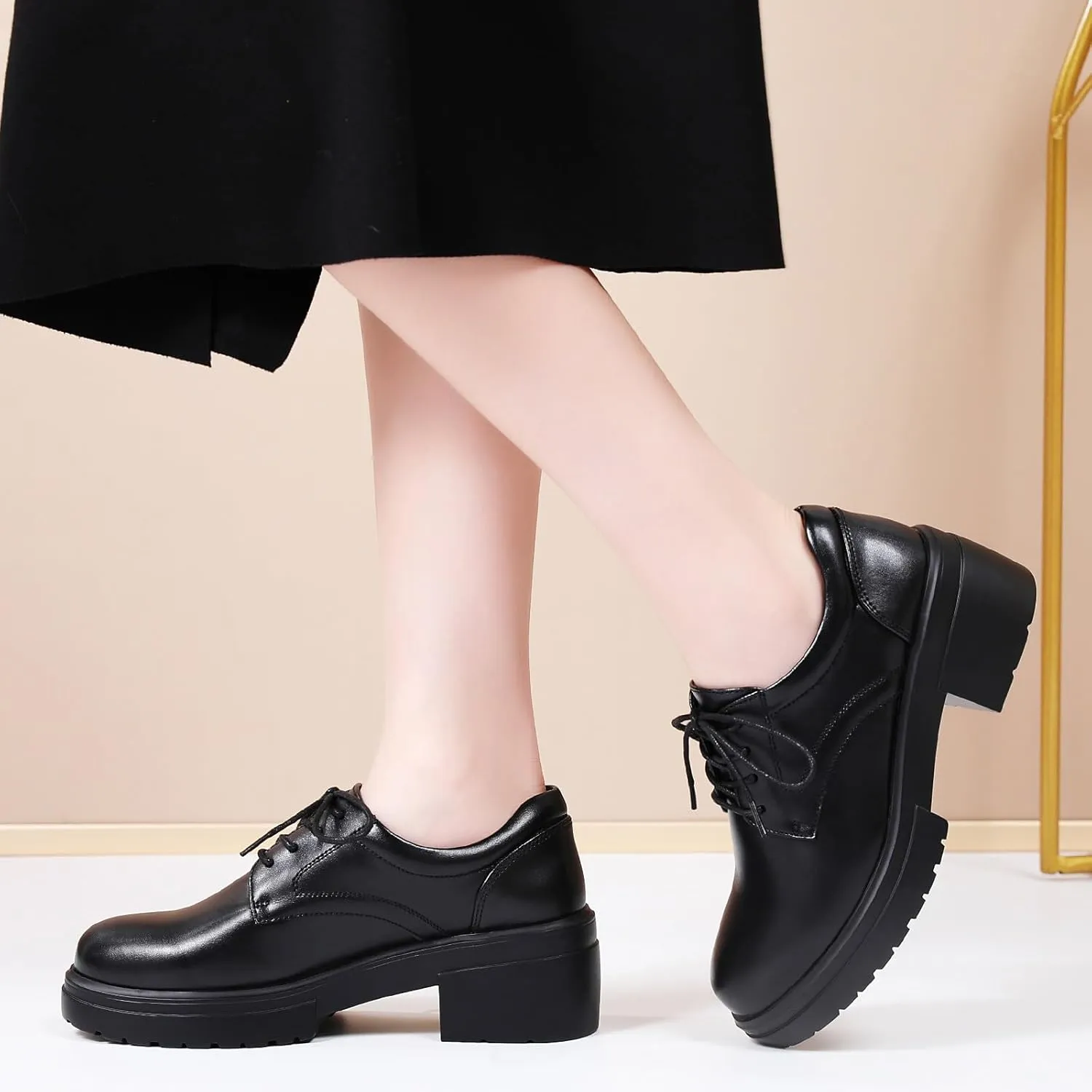 Platform Oxfords for Women Chunky Oxford Heels Women's Pumps Lace Up Shoes Office Work Ladies Casual Business Dress Shoes
