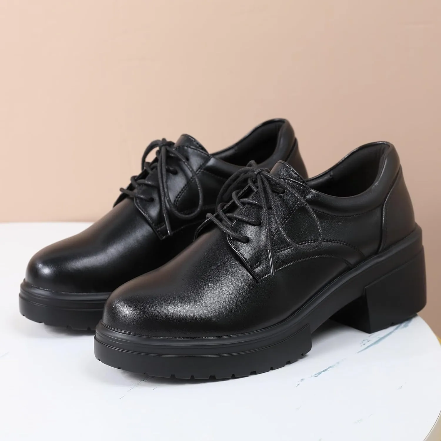 Platform Oxfords for Women Chunky Oxford Heels Women's Pumps Lace Up Shoes Office Work Ladies Casual Business Dress Shoes