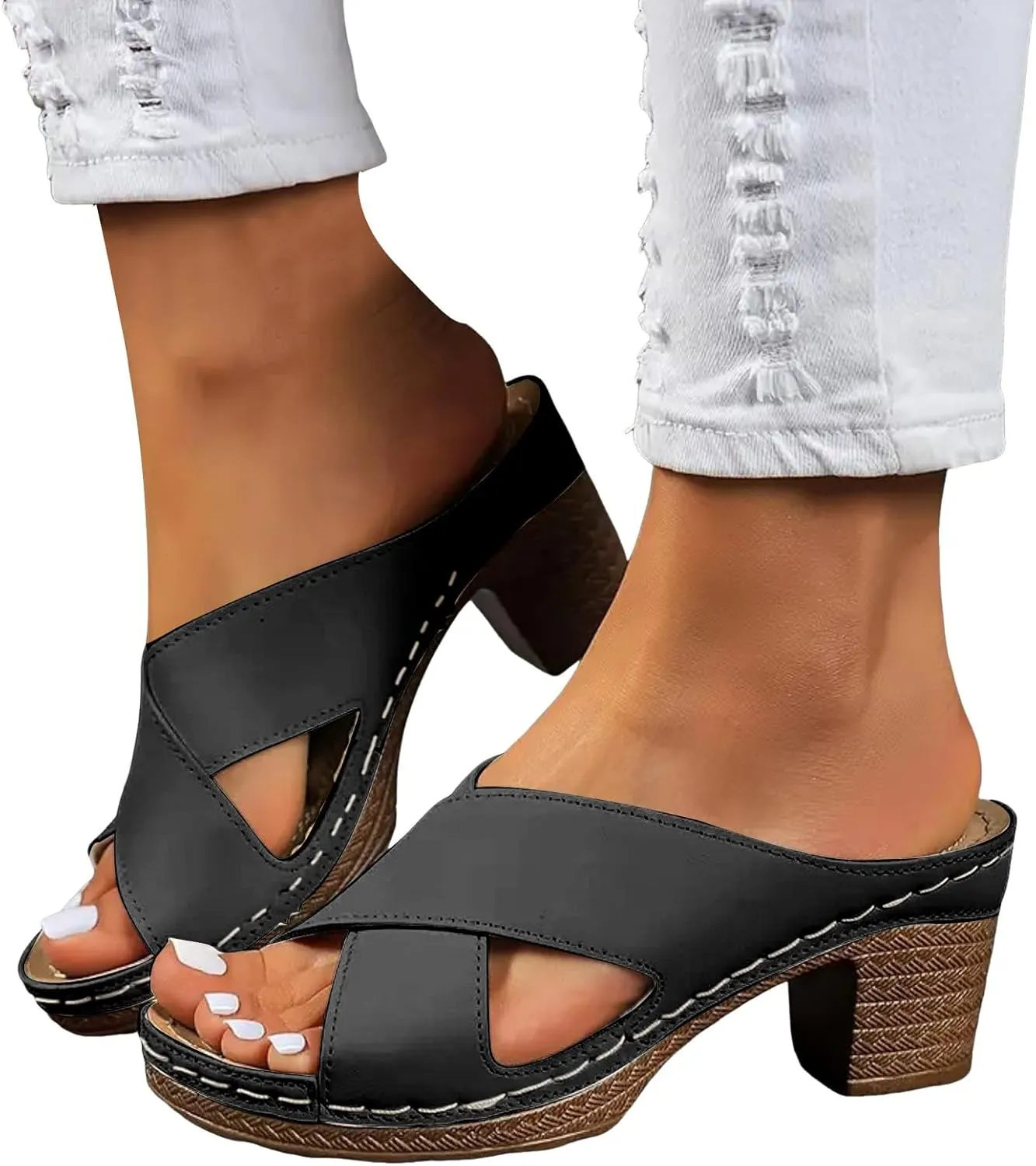 Platform Sandals Chunky Heel Slip on Wedge Women Sandals Beach Comfortable Trendy Women Summer Shoes