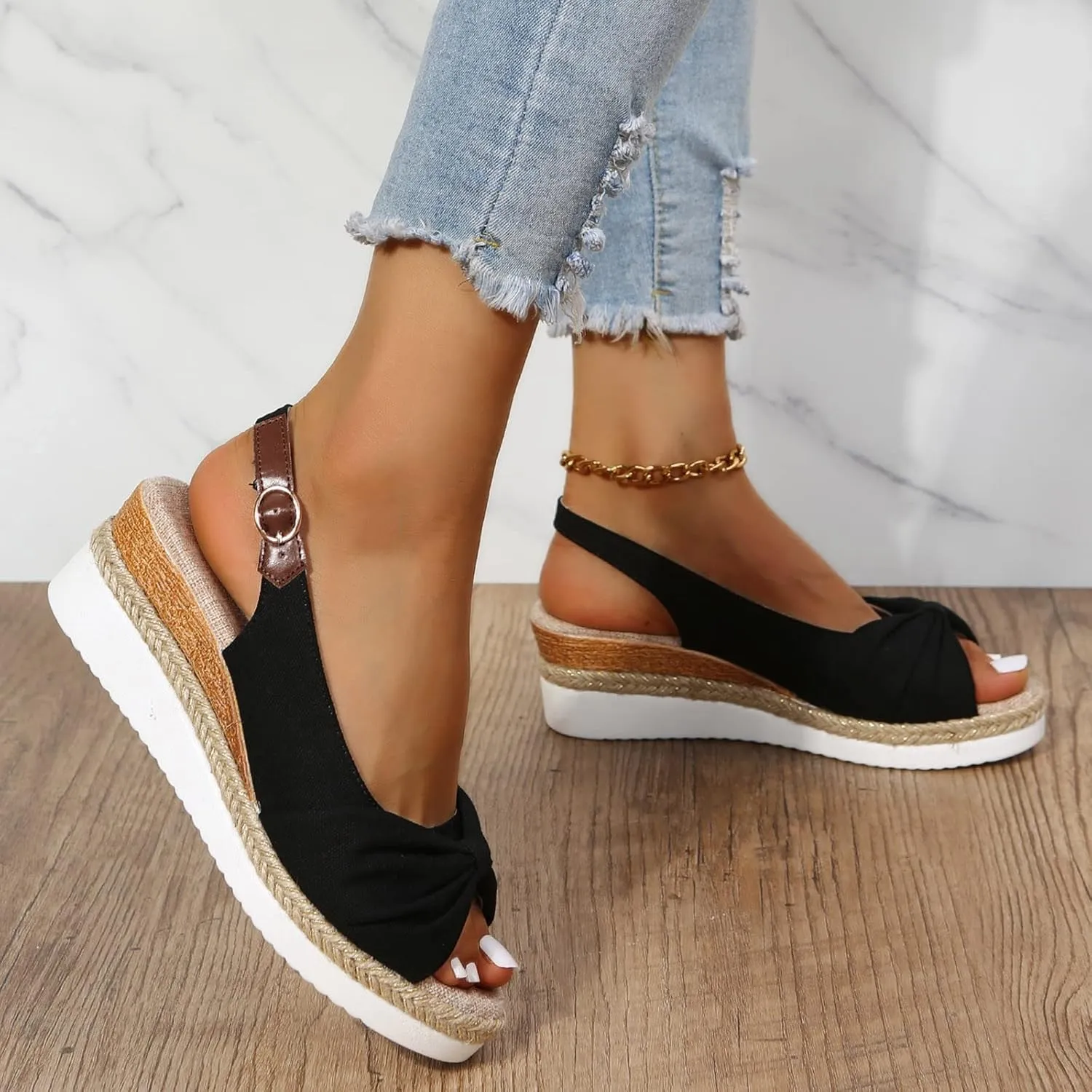 Platform Sandals Women Wedge Braided Platform Adjustable Ankle Band Breathable Beach Shoes Slip-Resistant Tread 2025 Spring and Summer Vacation