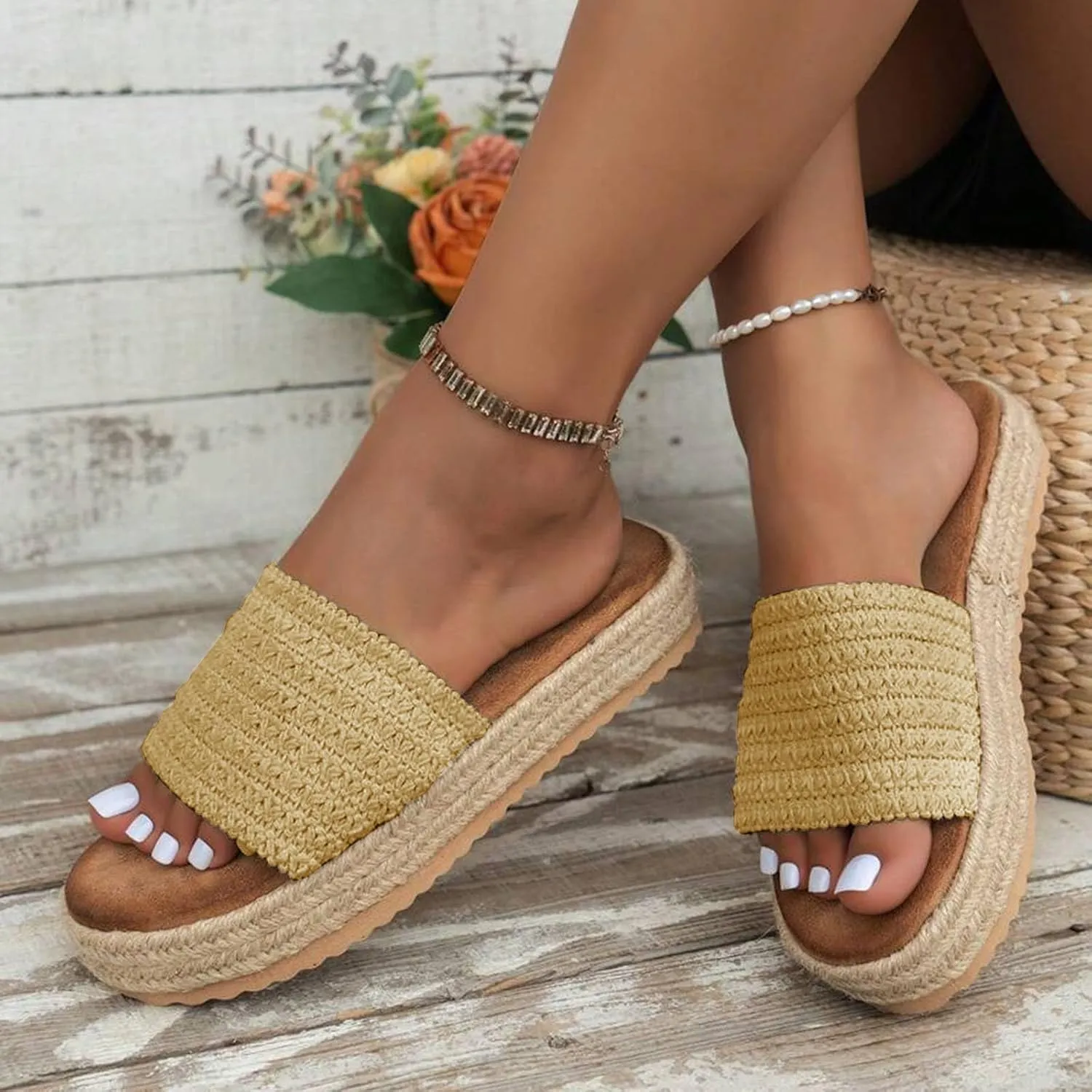 Platform Slip On Espadrille Sandals for Women Wedges Slip On Bohemia Sandals Summer Beach Raffia Vacation Slippers Comfortable Shoes for Beach, Walking, Camping, Vacation