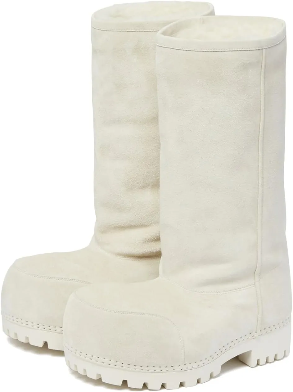 Platform Snow Boots for Women Suede Classic Fur Hippy Mid Calf Winter Boots Slip On High Boots Comfortable Chunky Trending Shoes Biege