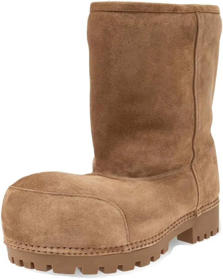 Platform Snow Boots for Women Suede Classic Fur Hippy Mid Calf Winter Boots Slip On High Boots Comfortable Chunky Trending Shoes Biege