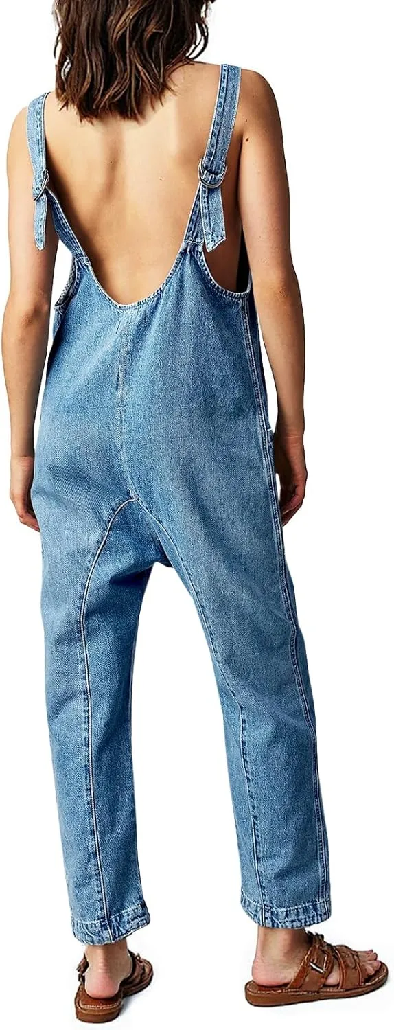 PLNOTME Women's Denim Overall Jumpsuits Sleeveless V Neck Adjustable Straps Jeans Long Pants Rompers