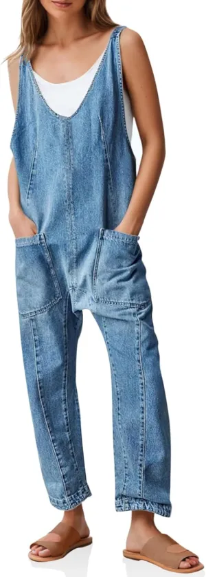 PLNOTME Women's Denim Overall Jumpsuits Sleeveless V Neck Adjustable Straps Jeans Long Pants Rompers