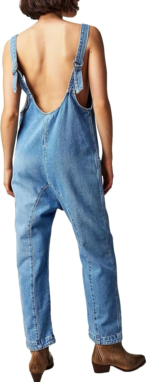 PLNOTME Women's Denim Overall Jumpsuits Sleeveless V Neck Adjustable Straps Jeans Long Pants Rompers