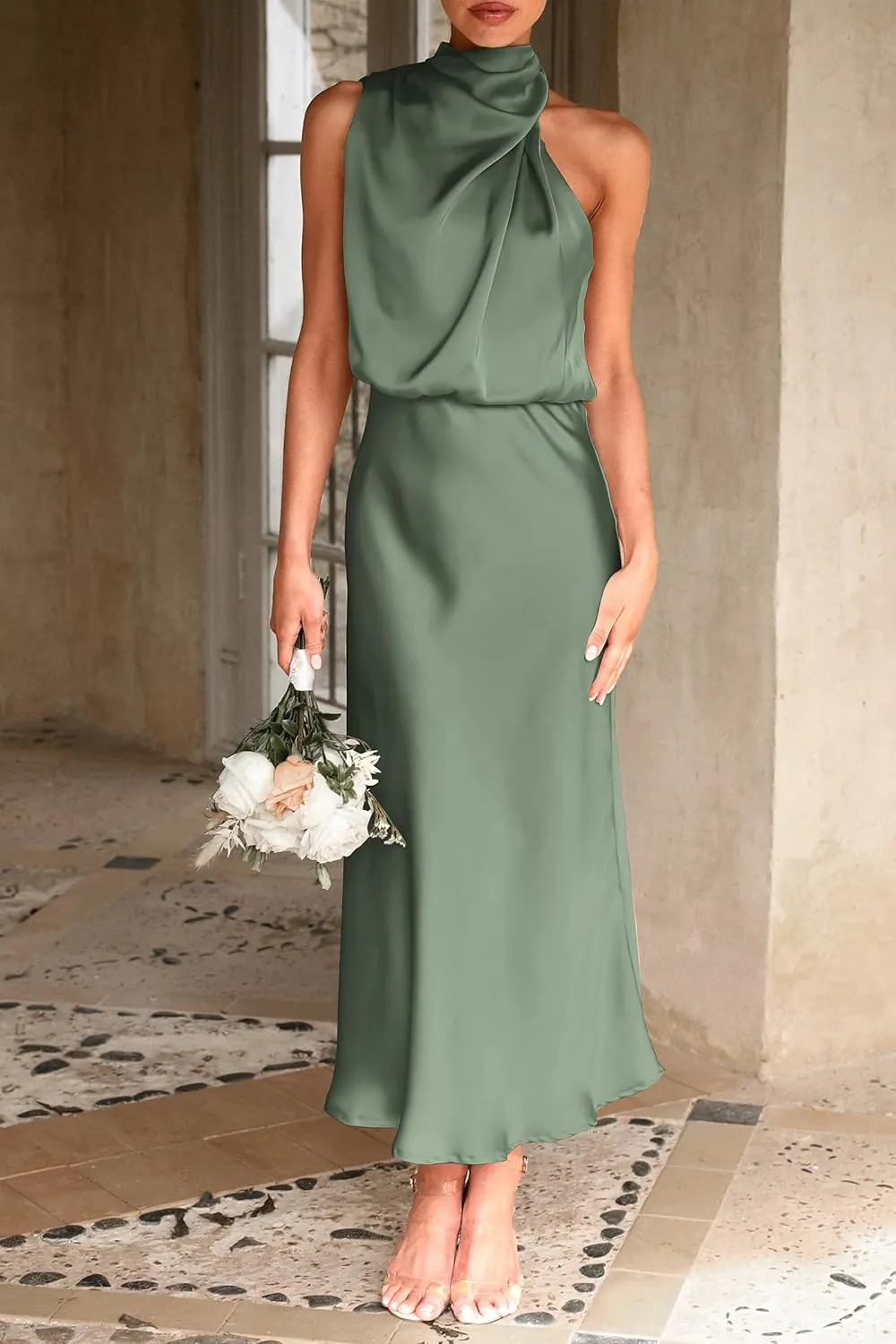 PRETTYGARDEN 2025 Women Summer Satin Dress Elegant Sleeveless Mock Neck Cocktail Party Maxi Dresses