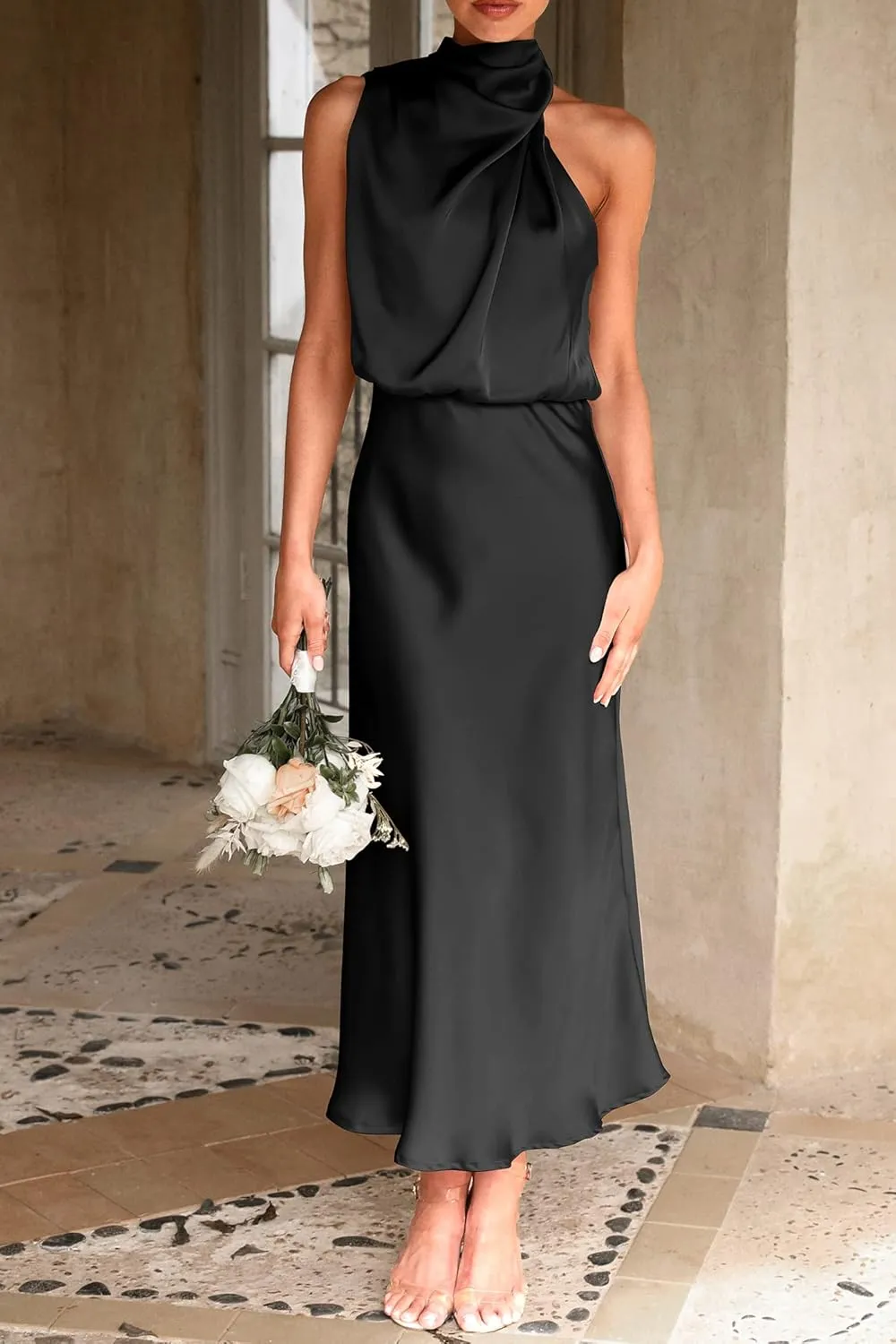 PRETTYGARDEN 2025 Women Summer Satin Dress Elegant Sleeveless Mock Neck Cocktail Party Maxi Dresses