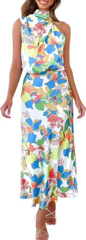 PRETTYGARDEN 2025 Women Summer Satin Dress Elegant Sleeveless Mock Neck Cocktail Party Maxi Dresses