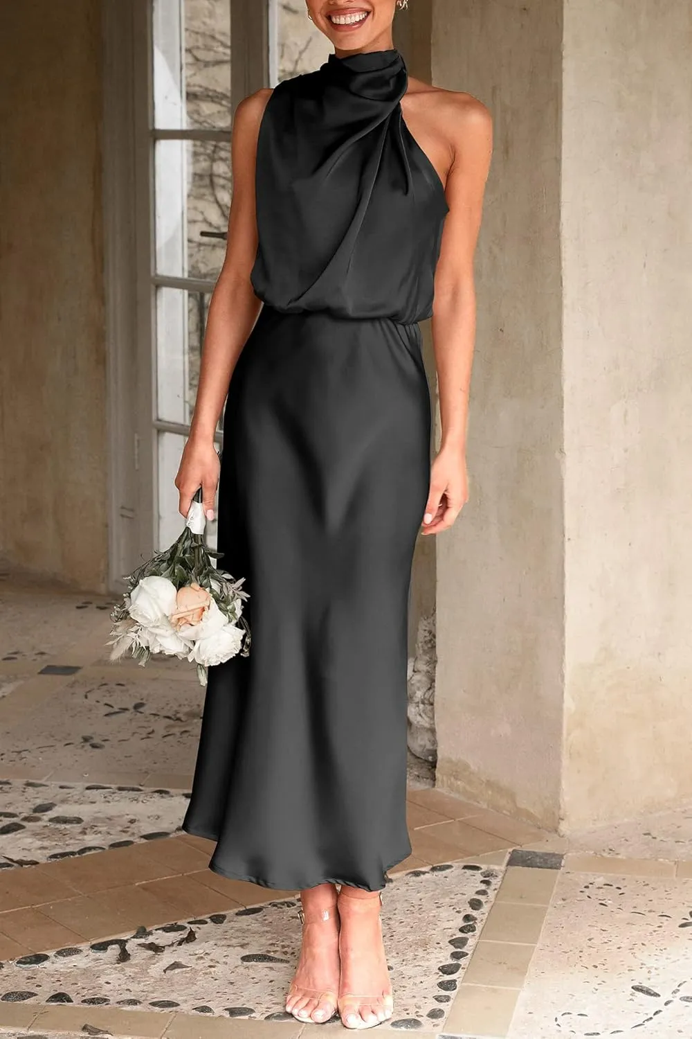PRETTYGARDEN 2025 Women Summer Satin Dress Elegant Sleeveless Mock Neck Cocktail Party Maxi Dresses