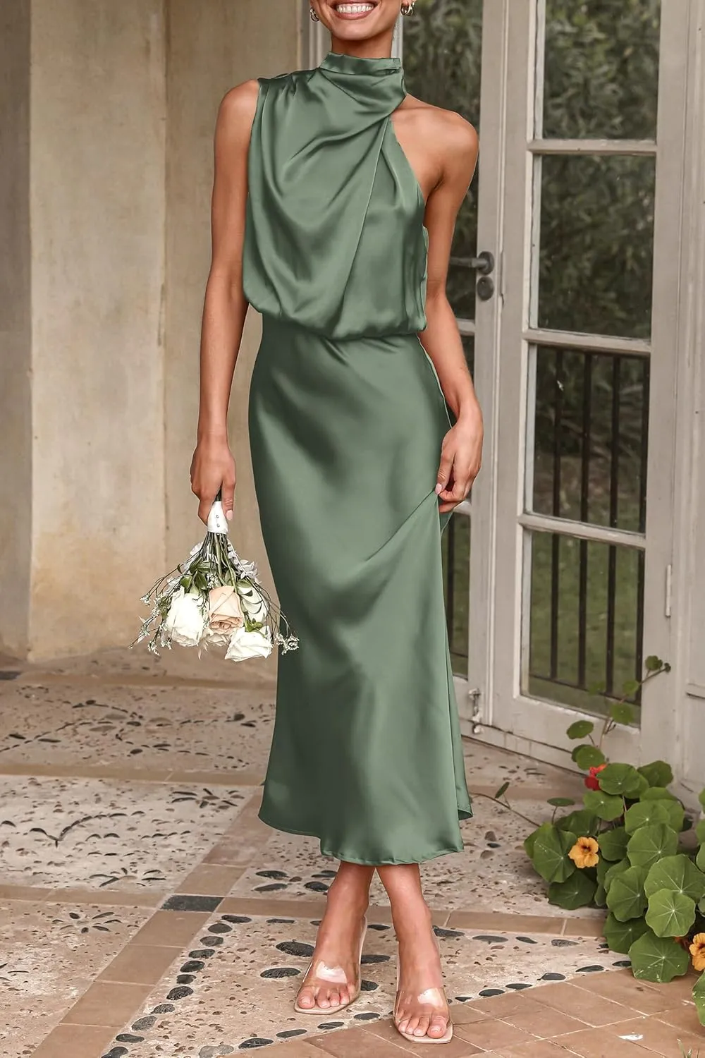 PRETTYGARDEN 2025 Women Summer Satin Dress Elegant Sleeveless Mock Neck Cocktail Party Maxi Dresses