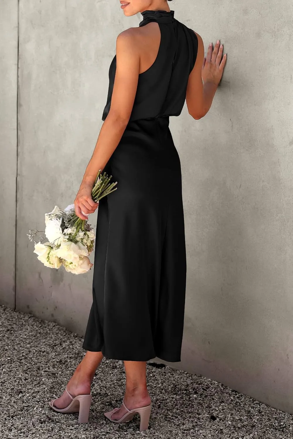 PRETTYGARDEN 2025 Women Summer Satin Dress Elegant Sleeveless Mock Neck Cocktail Party Maxi Dresses