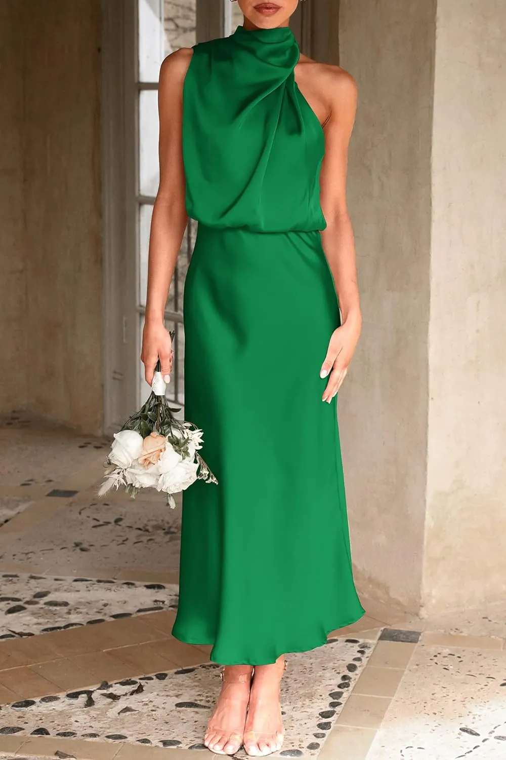 PRETTYGARDEN 2025 Women Summer Satin Dress Elegant Sleeveless Mock Neck Cocktail Party Maxi Dresses