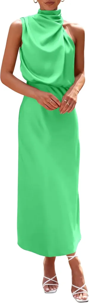 PRETTYGARDEN 2025 Women Summer Satin Dress Elegant Sleeveless Mock Neck Cocktail Party Maxi Dresses