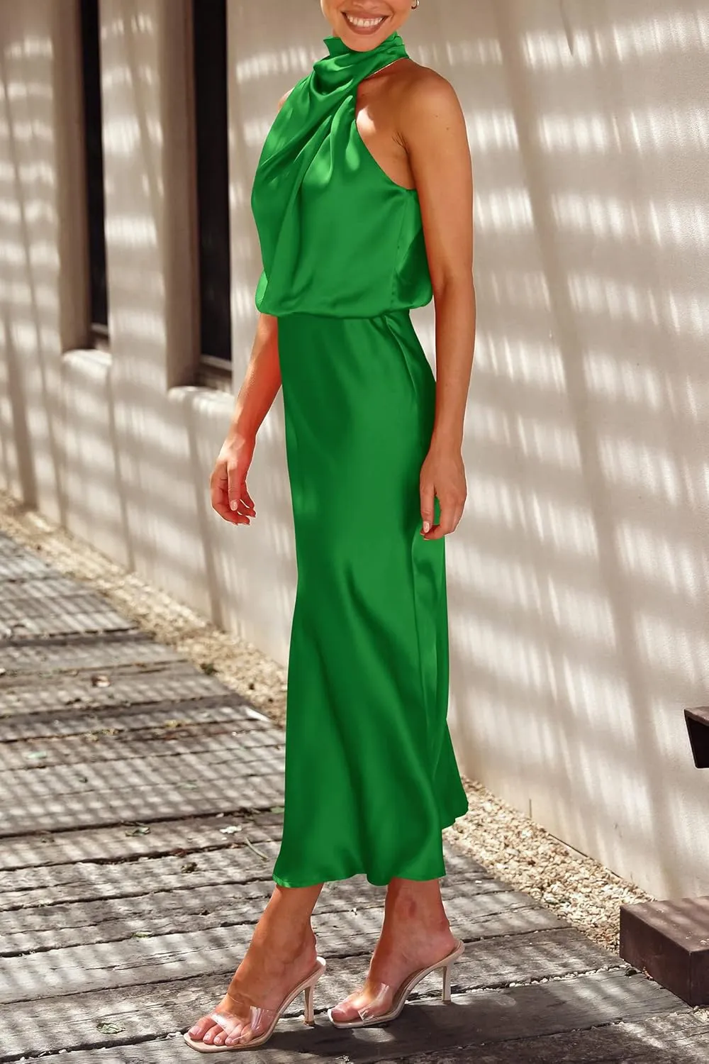 PRETTYGARDEN 2025 Women Summer Satin Dress Elegant Sleeveless Mock Neck Cocktail Party Maxi Dresses