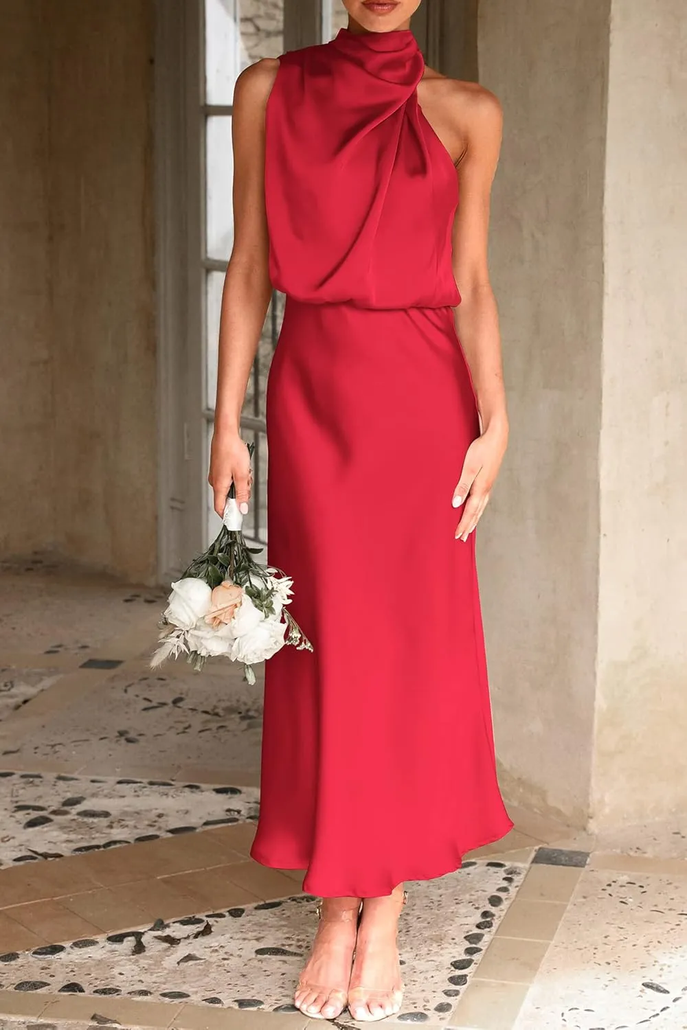 PRETTYGARDEN 2025 Women Summer Satin Dress Elegant Sleeveless Mock Neck Cocktail Party Maxi Dresses