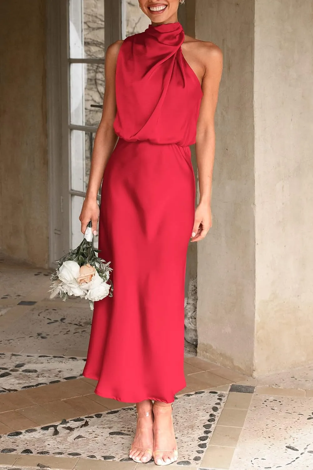 PRETTYGARDEN 2025 Women Summer Satin Dress Elegant Sleeveless Mock Neck Cocktail Party Maxi Dresses