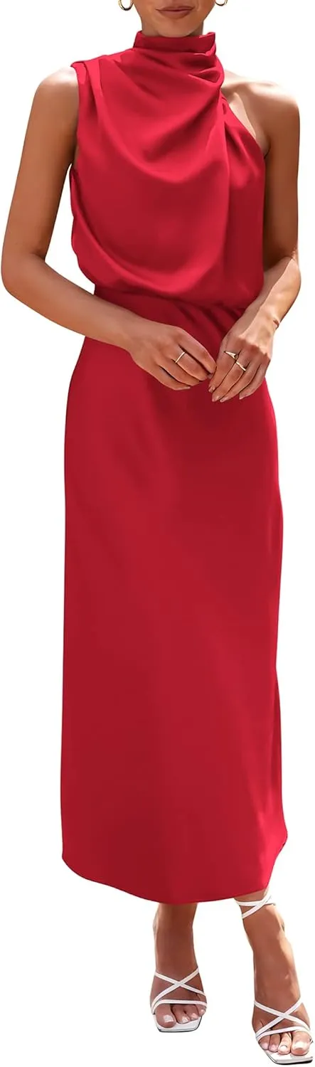 PRETTYGARDEN 2025 Women Summer Satin Dress Elegant Sleeveless Mock Neck Cocktail Party Maxi Dresses