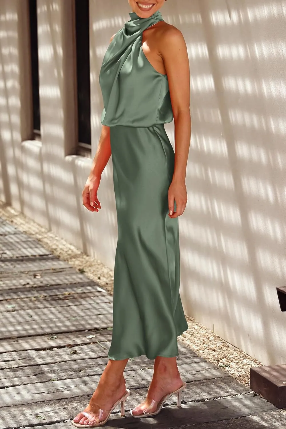 PRETTYGARDEN 2025 Women Summer Satin Dress Elegant Sleeveless Mock Neck Cocktail Party Maxi Dresses