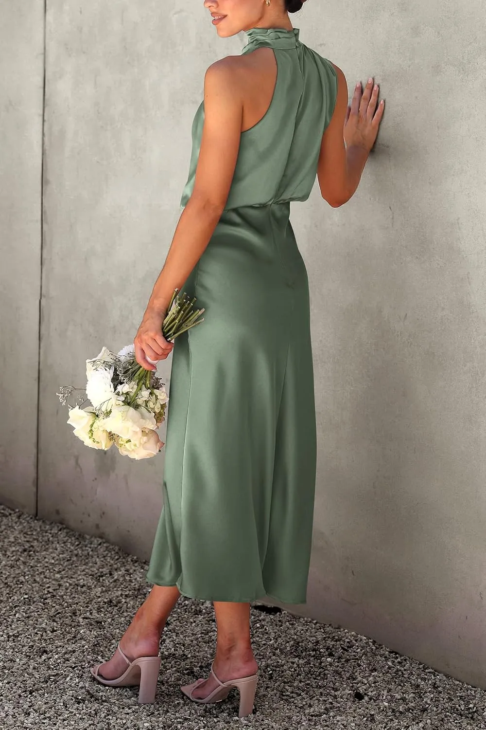PRETTYGARDEN 2025 Women Summer Satin Dress Elegant Sleeveless Mock Neck Cocktail Party Maxi Dresses