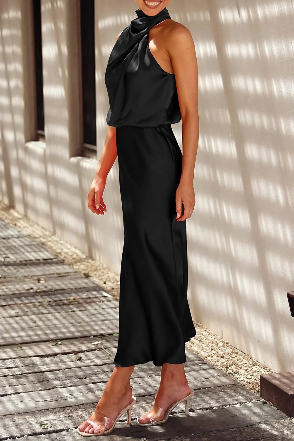 PRETTYGARDEN 2025 Women Summer Satin Dress Elegant Sleeveless Mock Neck Cocktail Party Maxi Dresses