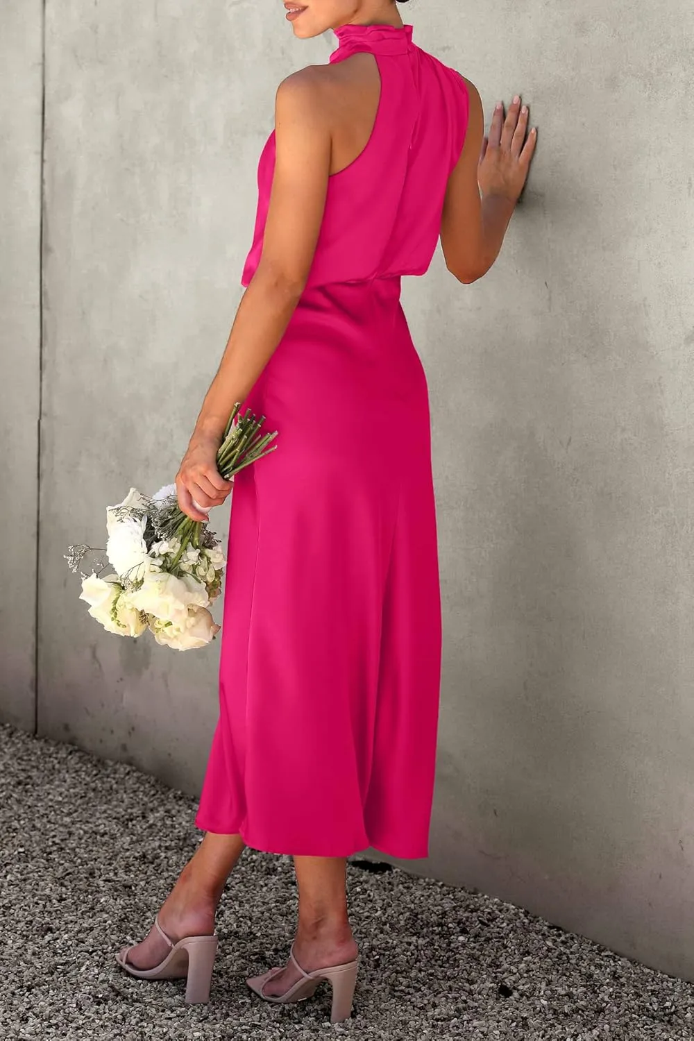 PRETTYGARDEN 2025 Women Summer Satin Dress Elegant Sleeveless Mock Neck Cocktail Party Maxi Dresses