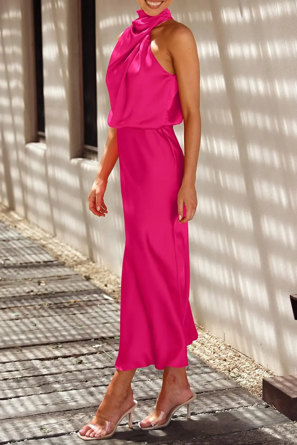 PRETTYGARDEN 2025 Women Summer Satin Dress Elegant Sleeveless Mock Neck Cocktail Party Maxi Dresses