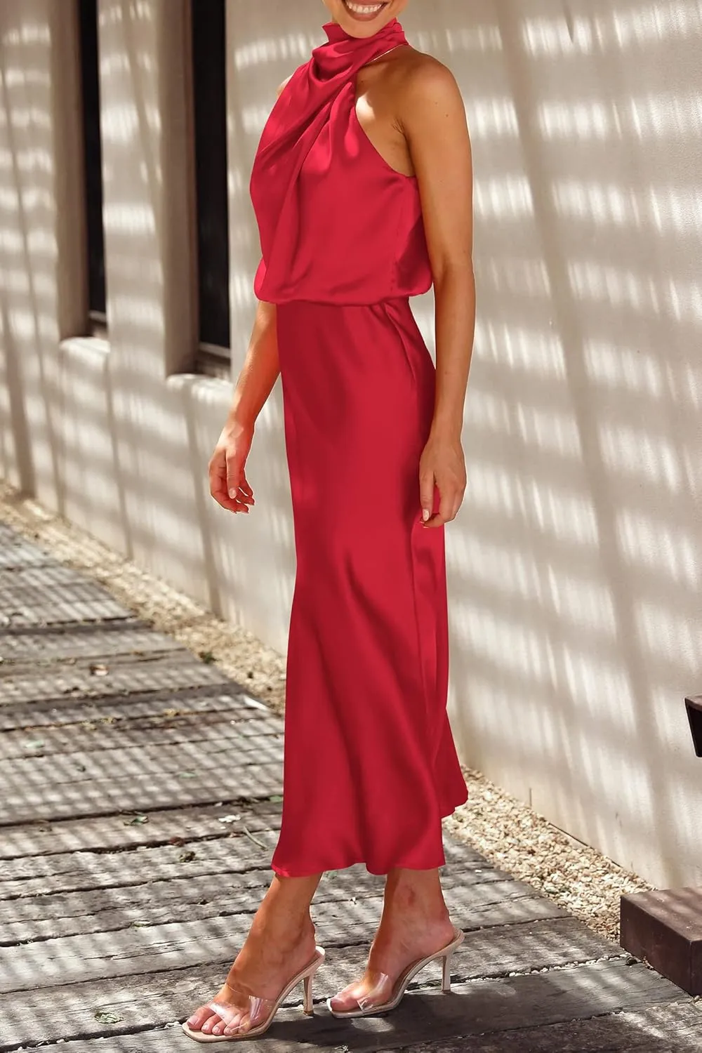 PRETTYGARDEN 2025 Women Summer Satin Dress Elegant Sleeveless Mock Neck Cocktail Party Maxi Dresses