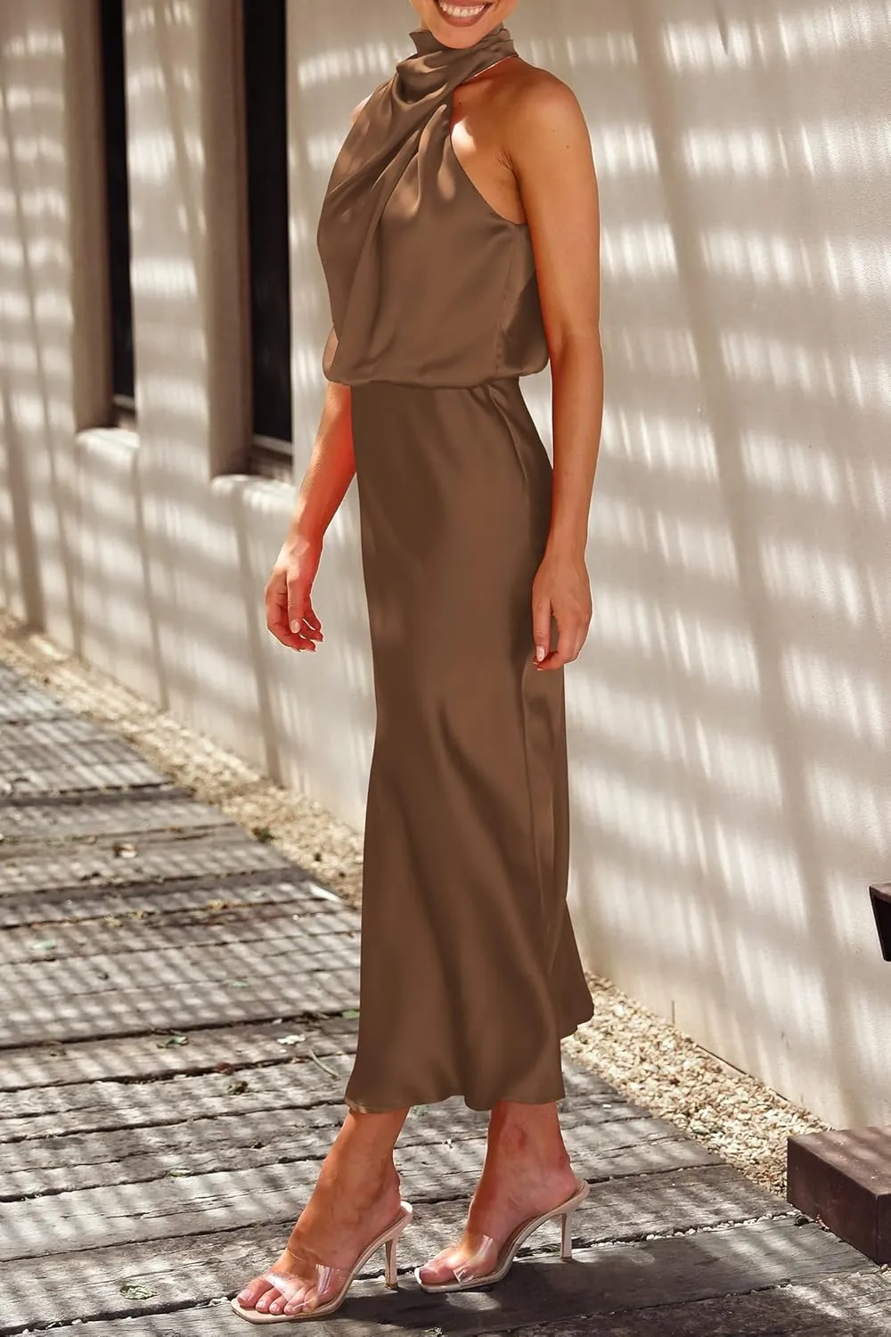 PRETTYGARDEN 2025 Women Summer Satin Dress Elegant Sleeveless Mock Neck Cocktail Party Maxi Dresses