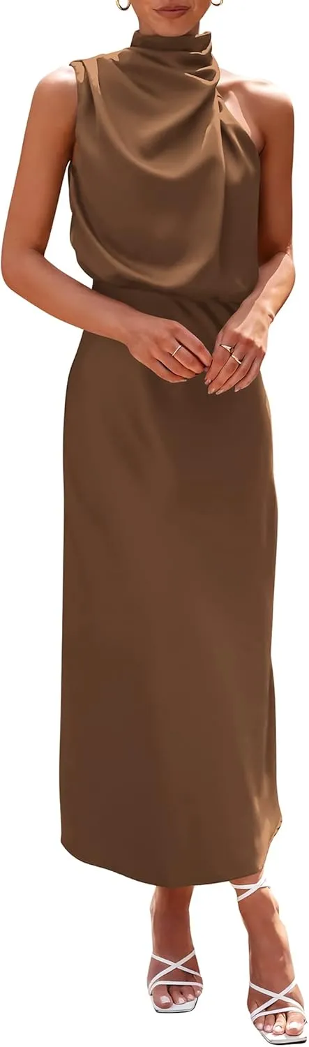 PRETTYGARDEN 2025 Women Summer Satin Dress Elegant Sleeveless Mock Neck Cocktail Party Maxi Dresses