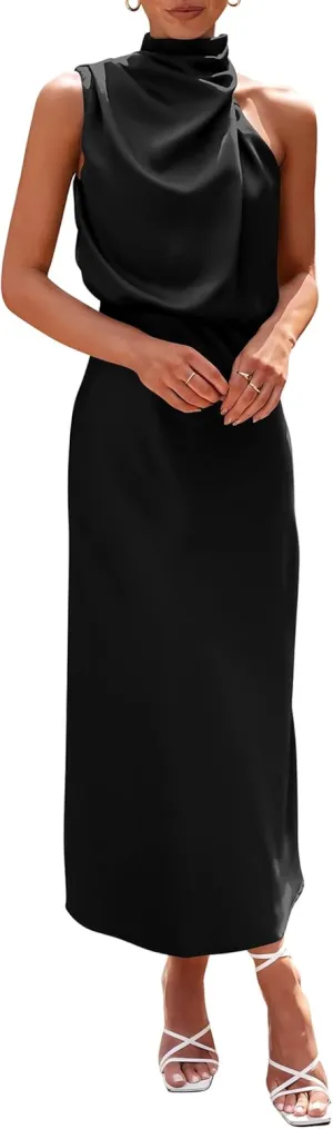 PRETTYGARDEN 2025 Women Summer Satin Dress Elegant Sleeveless Mock Neck Cocktail Party Maxi Dresses