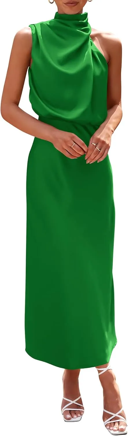 PRETTYGARDEN 2025 Women Summer Satin Dress Elegant Sleeveless Mock Neck Cocktail Party Maxi Dresses