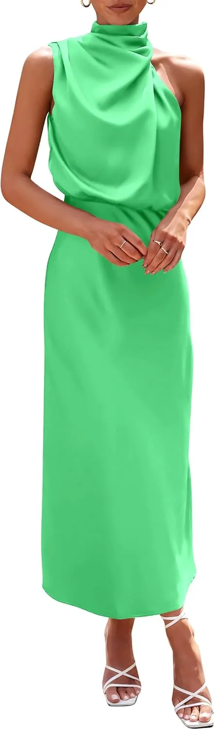 PRETTYGARDEN 2025 Women Summer Satin Dress Elegant Sleeveless Mock Neck Cocktail Party Maxi Dresses