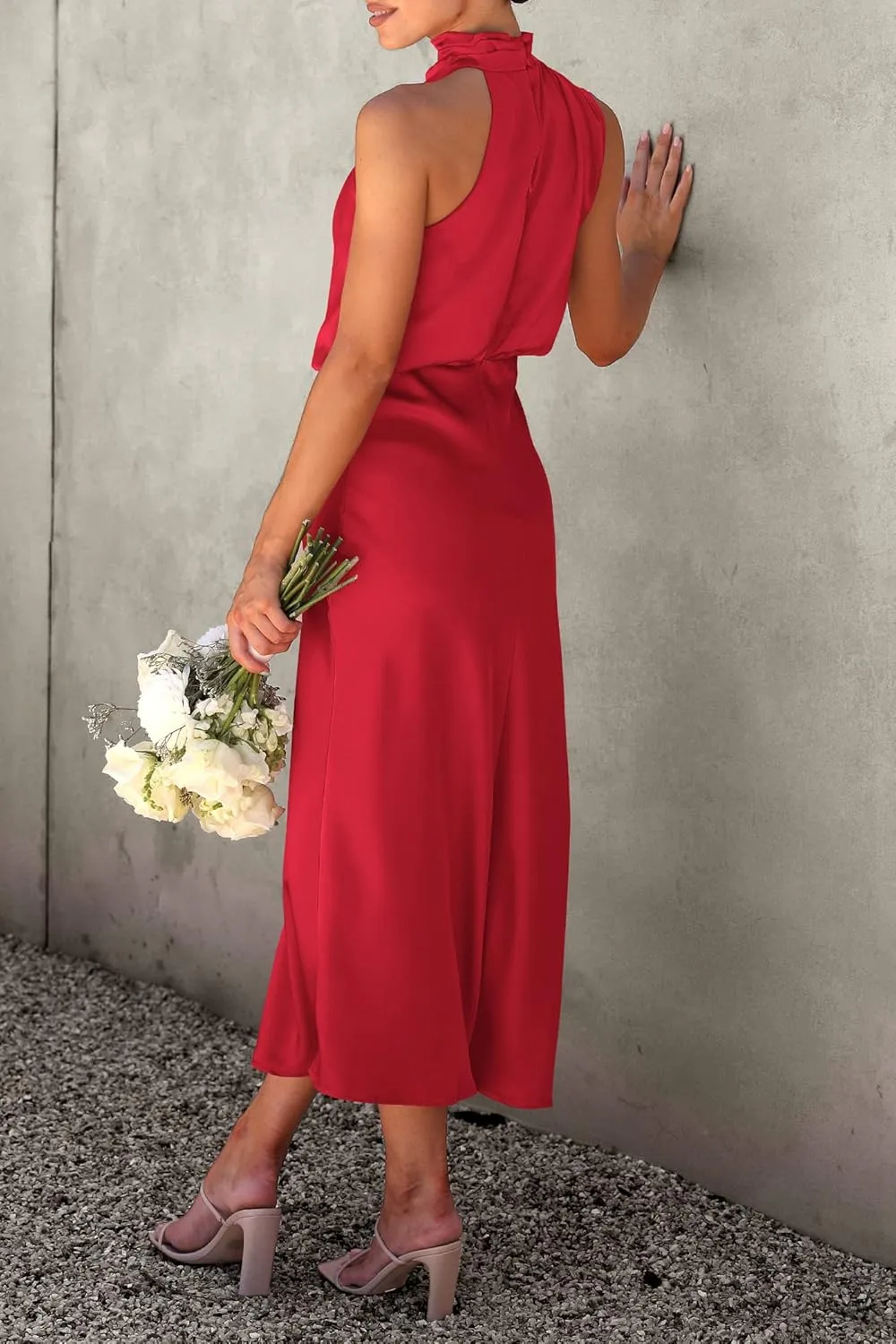 PRETTYGARDEN 2025 Women Summer Satin Dress Elegant Sleeveless Mock Neck Cocktail Party Maxi Dresses