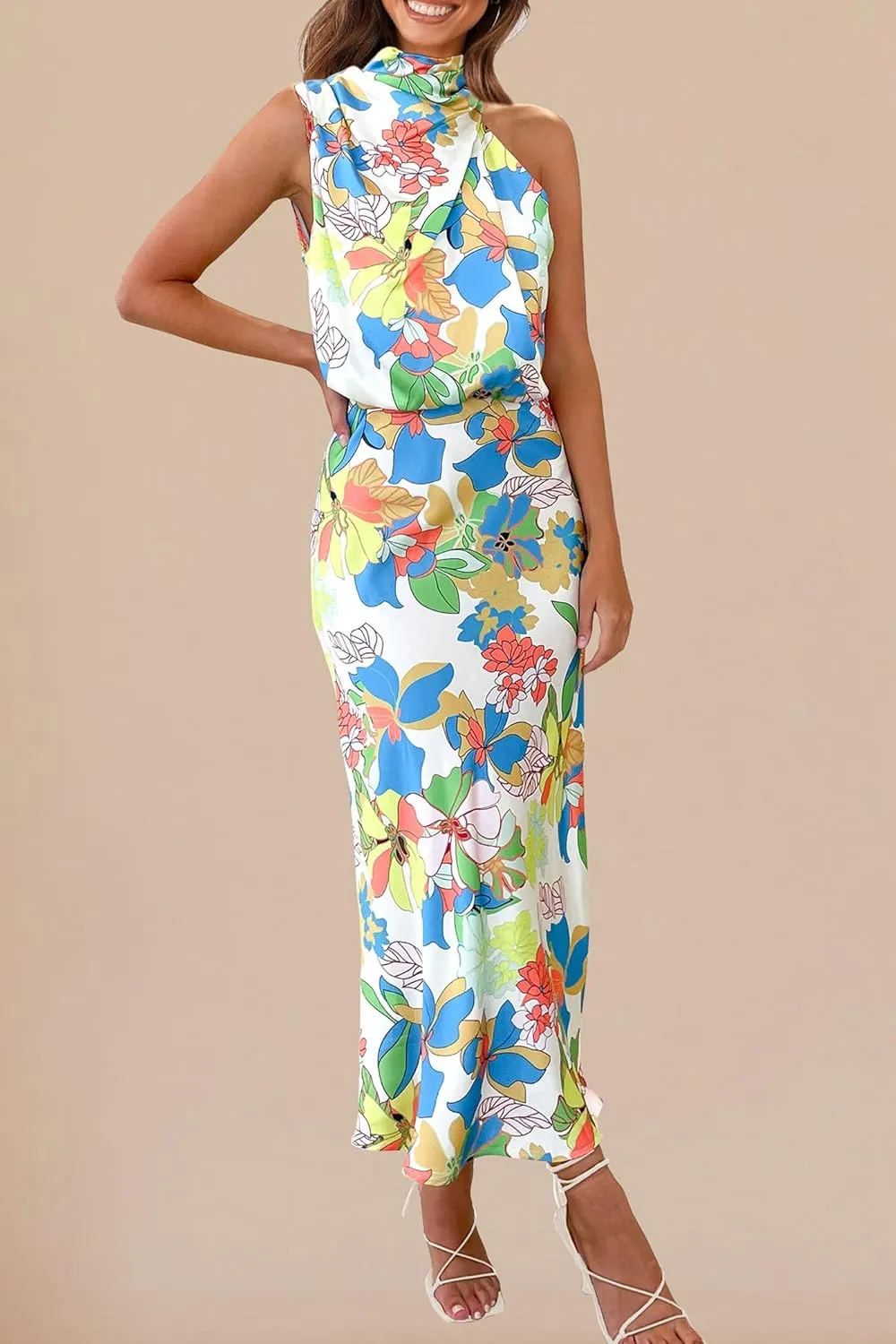 PRETTYGARDEN 2025 Women Summer Satin Dress Elegant Sleeveless Mock Neck Cocktail Party Maxi Dresses