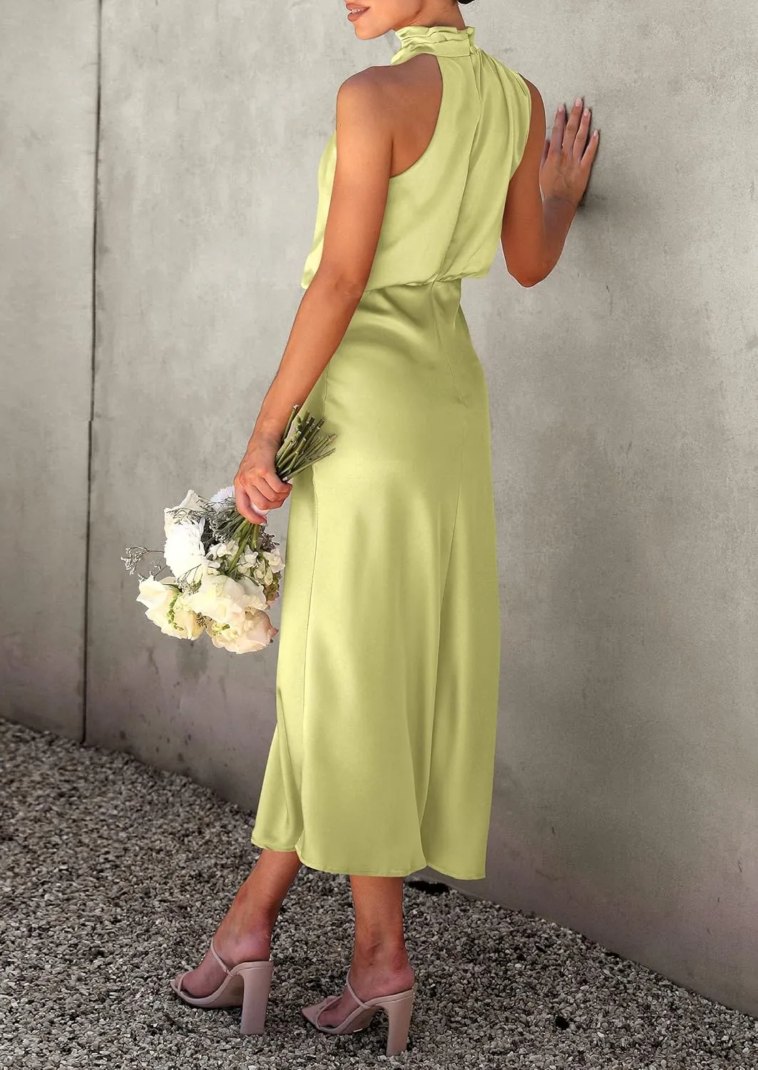 PRETTYGARDEN 2025 Women Summer Satin Dress Elegant Sleeveless Mock Neck Cocktail Party Maxi Dresses