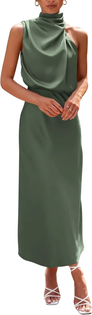PRETTYGARDEN 2025 Women Summer Satin Dress Elegant Sleeveless Mock Neck Cocktail Party Maxi Dresses