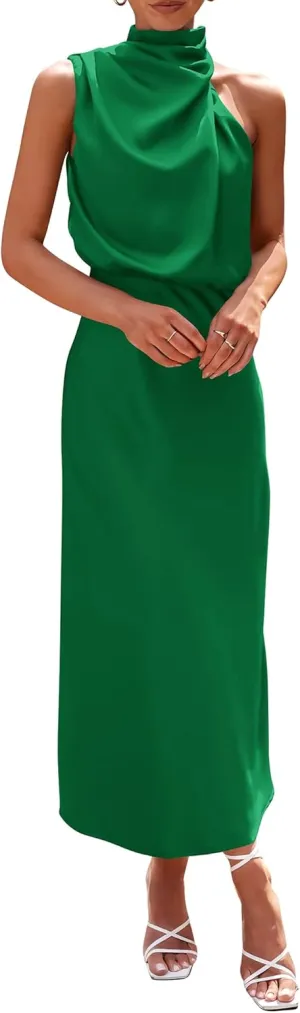 PRETTYGARDEN 2025 Women Summer Satin Dress Elegant Sleeveless Mock Neck Cocktail Party Maxi Dresses