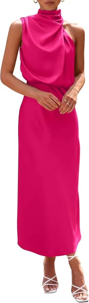 PRETTYGARDEN 2025 Women Summer Satin Dress Elegant Sleeveless Mock Neck Cocktail Party Maxi Dresses